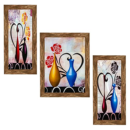 Indianara Set of 3 Multi Colored Flowers in the Pot Framed Art Painting (2572WNT) without glass 6 X 13, 10.2 X 13, 6 X 13 INCH - Image 1