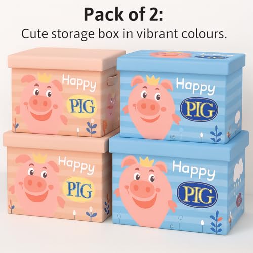 Coslifestore-Foldable Storage Box for Kids – Pack of 2- L and XL- Cartoon Storage Ottoman with Lid – Cute Happy Pig Design – Multipurpose Organizer for Toys, Clothes, Books (PEACH) - Image 5