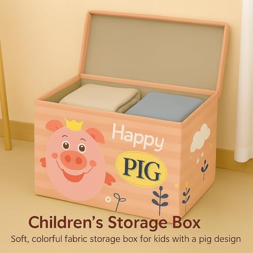 Coslifestore-Foldable Storage Box for Kids – Pack of 2- L and XL- Cartoon Storage Ottoman with Lid – Cute Happy Pig Design – Multipurpose Organizer for Toys, Clothes, Books (PEACH) - Image 2