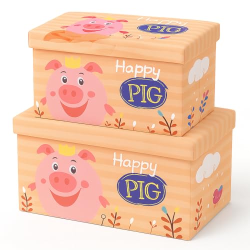 Coslifestore-Foldable Storage Box for Kids – Pack of 2- L and XL- Cartoon Storage Ottoman with Lid – Cute Happy Pig Design – Multipurpose Organizer for Toys, Clothes, Books (PEACH) - Image 1