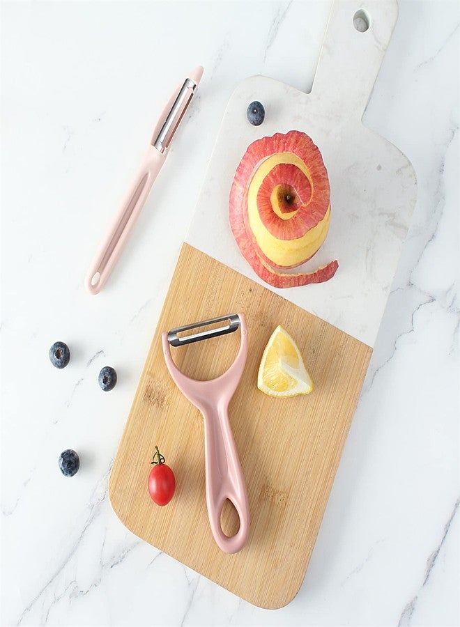 كوك ويذ كولرز طقم مقشرة الخضار من سوشيال شيف مكون من قطعتين - طقم مقشرتين من الفولاذ المقاوم للصدأ - مقشرة على شكل حرف Y ومقشرة دوارة لتقشير البطاطس والخضروات والفواكه (وردي) - Image 5