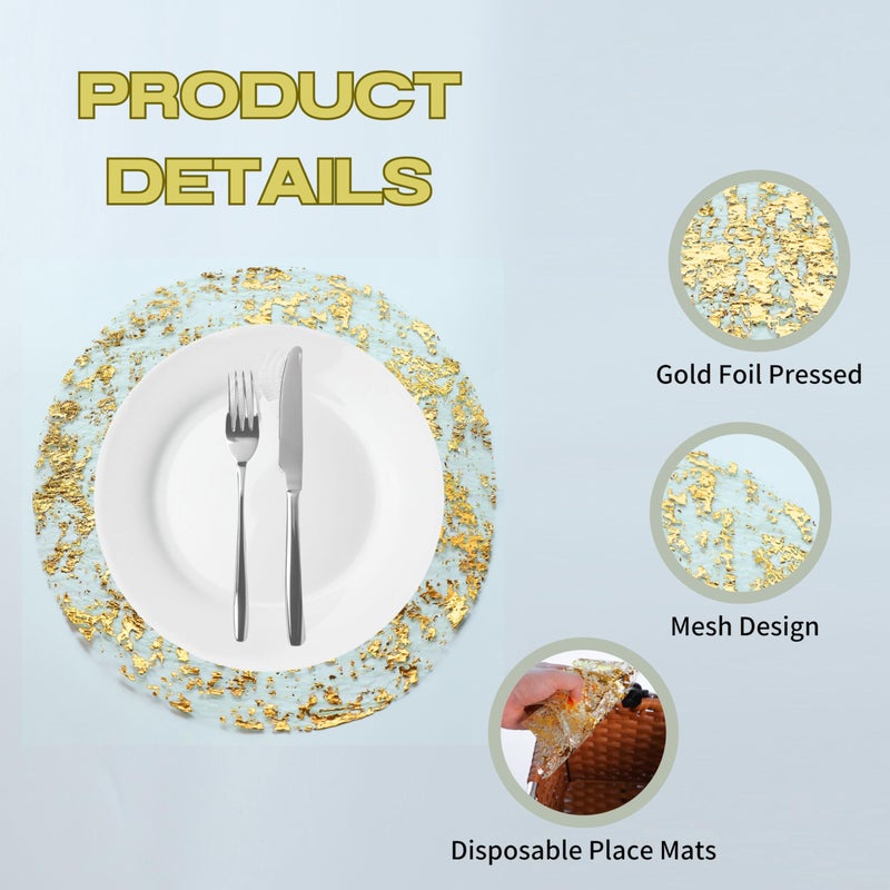 Snowkingdom Gold Placemats Set of 24 Round 13 Inch Foil Mesh Pressed Fall Disposable Table Mates 24 Pack Gold Doilies for Dining Table Wedding Birthday Party Holiday Home Decoration - Image 5