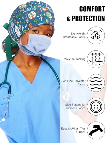 Floraltop 6 Pcs Satin Lined Scrub Caps Women Nurse Surgical Hat with Buttons Ponytail Working Adjustable Pouch Tie Back(Retro Style) - Image 4