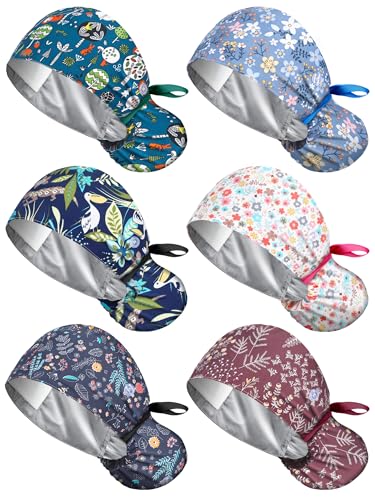 Floraltop 6 Pcs Satin Lined Scrub Caps Women Nurse Surgical Hat with Buttons Ponytail Working Adjustable Pouch Tie Back(Retro Style) - Image 1