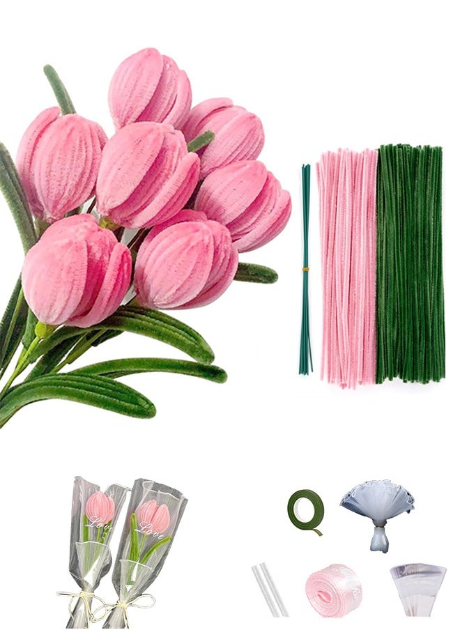 Lemon Tulip Pipe Cleaners for Craft, 30cm Green and Pink Pipe Cleaners, Fuzzy Sticks Craft Supplies, Chenille Stems with Flower Pole, Flower Core & Gardening Tape, Arts & Crafts for DIY(8 Flowers)  - Image 1