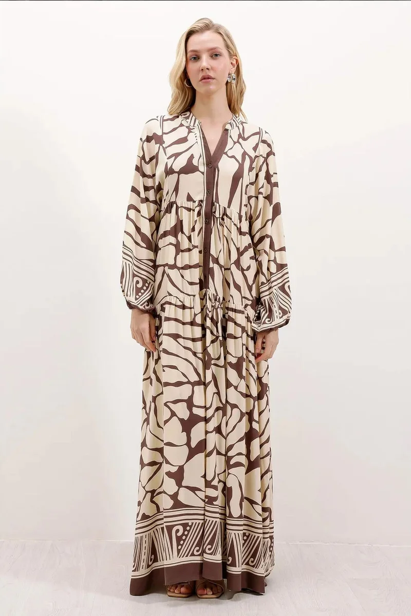 Big Dart beige and brown abstract print BDART Printed V-Neck Maxi Dress for Women | Best Price UAE