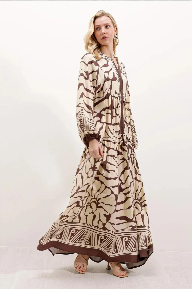 Big Dart beige and brown abstract print BDART Printed V-Neck Maxi Dress for Women | Best Price UAE