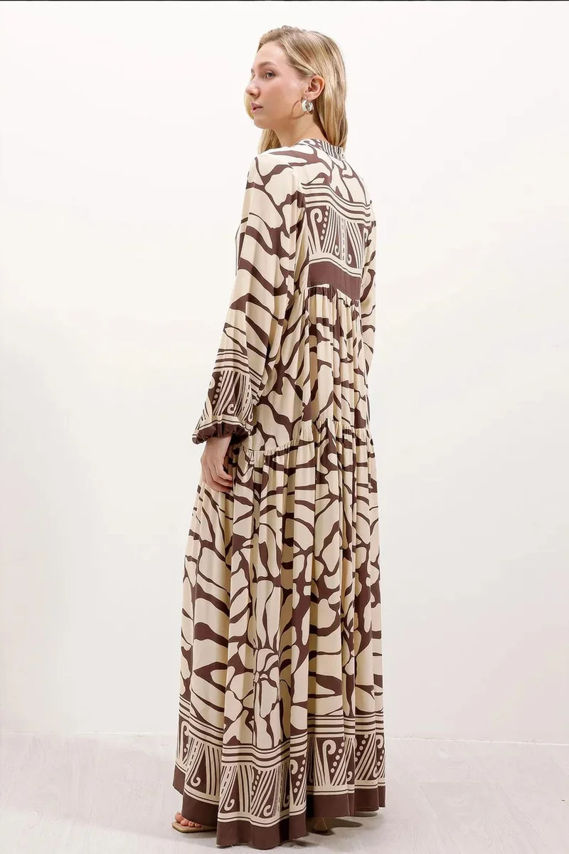 Big Dart beige and brown abstract print BDART Printed V-Neck Maxi Dress for Women | Best Price UAE