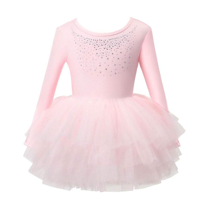 KARETT Toddler Ballet Leotard with Snap Glitter Ballerina Outfit Criss-Cross Long Sleeve Pink Tutu Dress for Girls 4-5 Years - Image 1