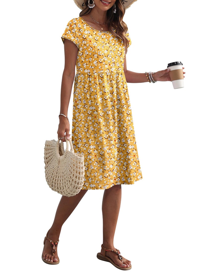 AUSELILY Women's Summer Short Sleeve Knee-Length Dresses Round Neck Loose Dress with Pockets 2026 New, Yellow Floral M - Image 5