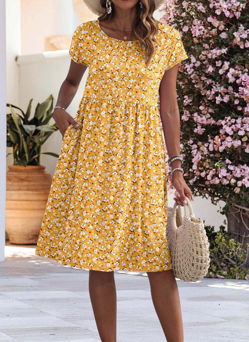 AUSELILY Women's Summer Short Sleeve Knee-Length Dresses Round Neck Loose Dress with Pockets 2026 New, Yellow Floral M - Image 3