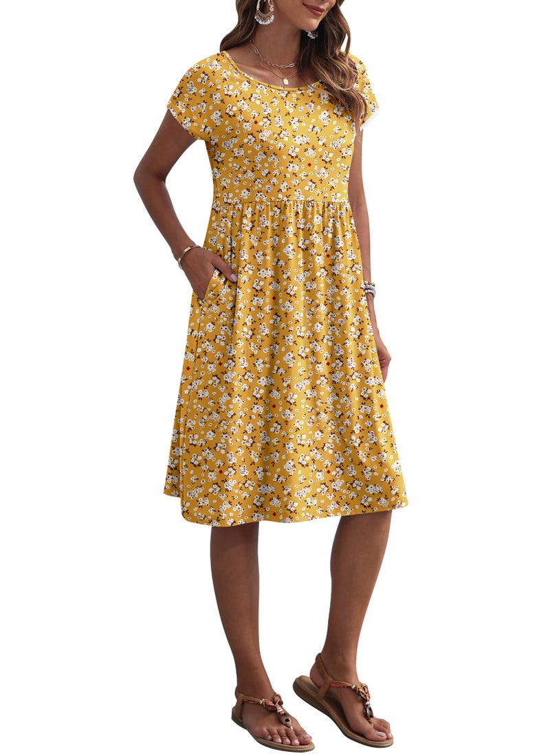 AUSELILY Women's Summer Short Sleeve Knee-Length Dresses Round Neck Loose Dress with Pockets 2026 New, Yellow Floral M - Image 2