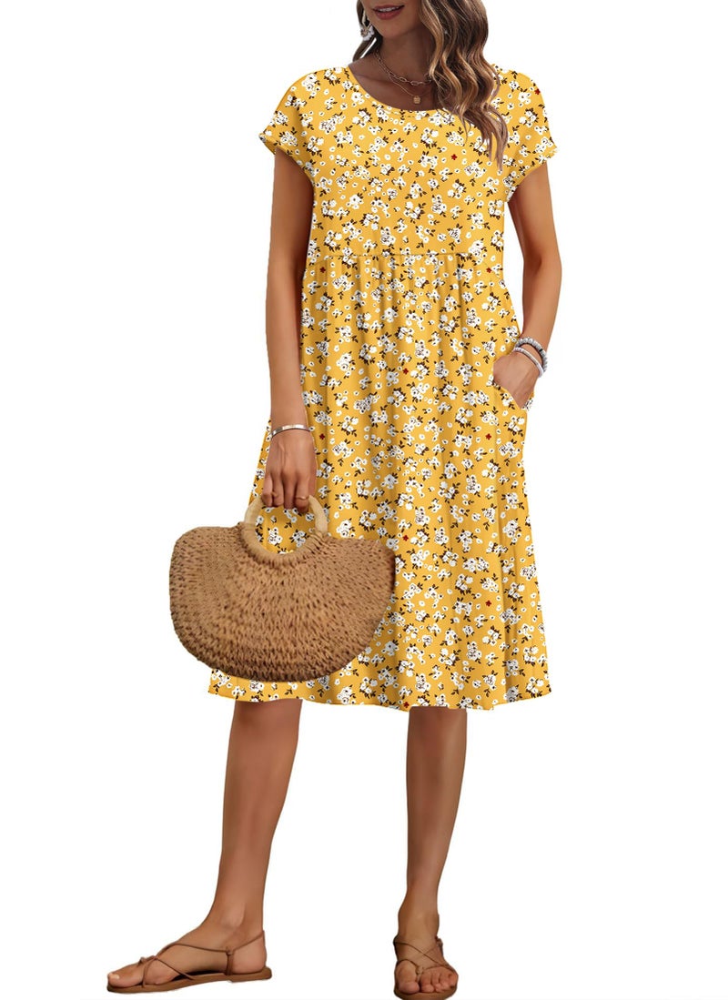 AUSELILY Women's Summer Short Sleeve Knee-Length Dresses Round Neck Loose Dress with Pockets 2026 New, Yellow Floral M - Image 1