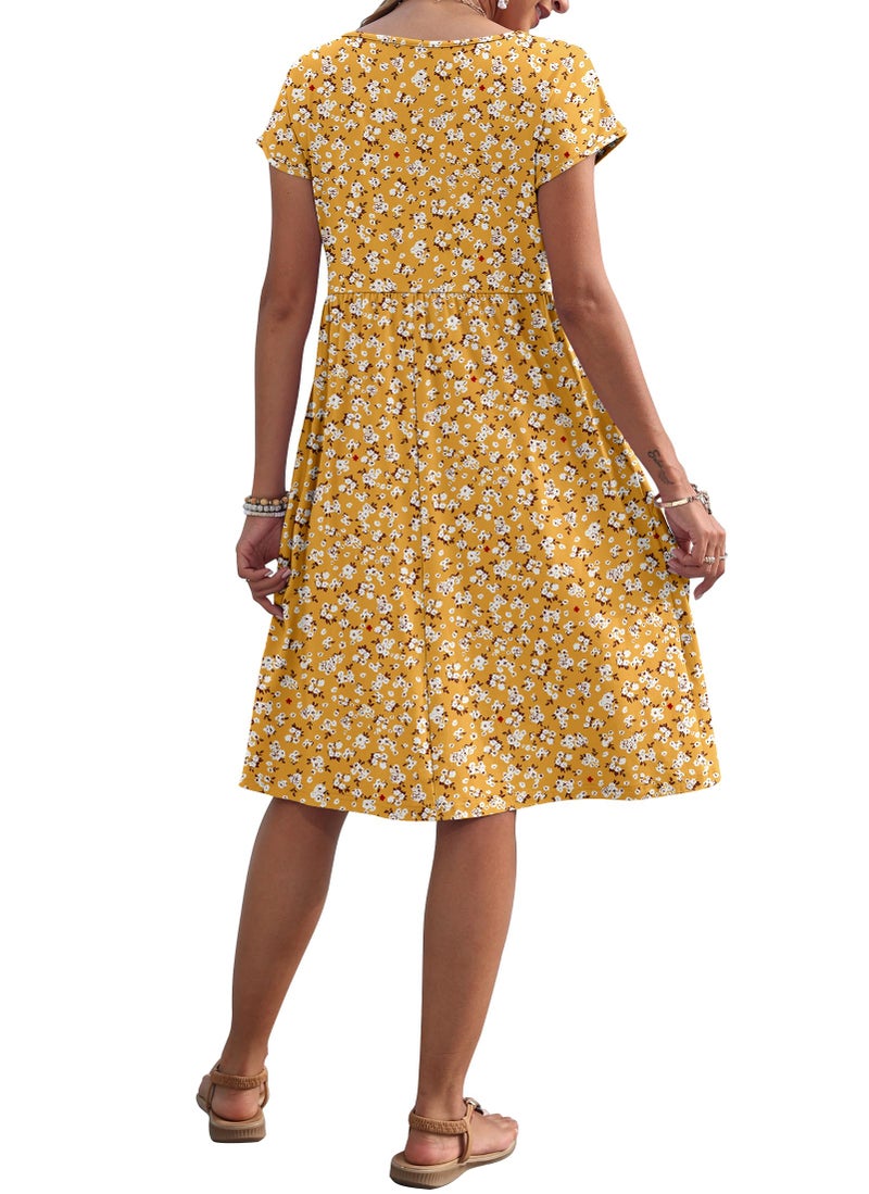 AUSELILY Women's Summer Short Sleeve Knee-Length Dresses Round Neck Loose Dress with Pockets 2026 New, Yellow Floral M - Image 4