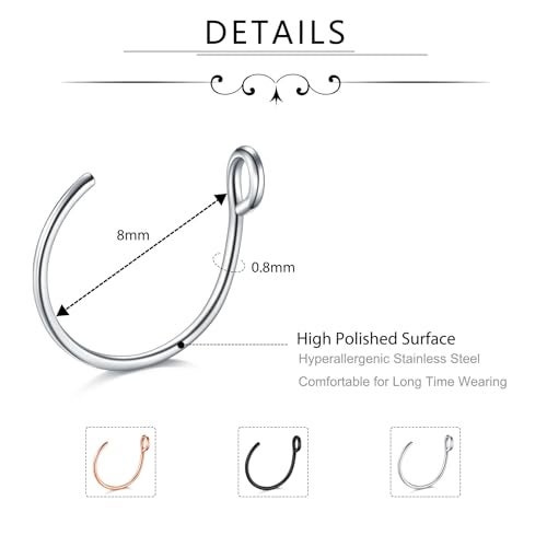 D.Bella 20G Fake Piercing Jewelry Hoop for Faux Lip Septum Nose Ring Set,8mm - Image 2