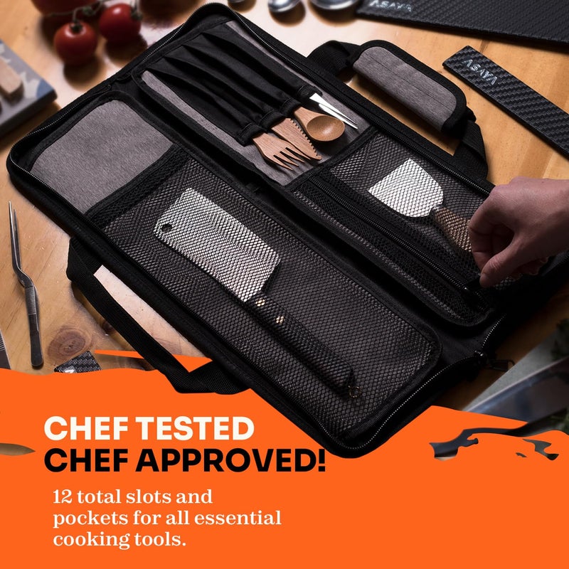 Asaya Chef Knife Roll Bag - 12 Pockets for Knives and Kitchen Utensils - Lightweight, Durable, and Stain Resistant Nylon - Perfect for the Traveling Chef - Knives not Included - Image 4