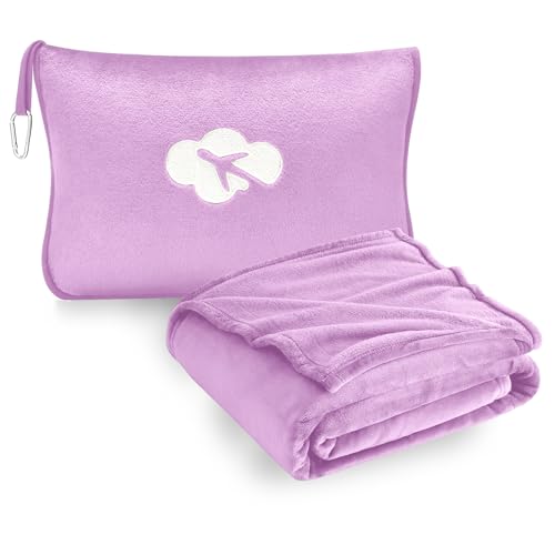 Jungle Star Travel Blanket and Pillow Compact Premium Soft 2 in 1 Airplane Blanket with Soft Bag PillowcaseHand Luggage Sleeve and Backpack Clip Solid Purple - Image 1