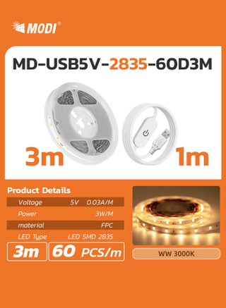 3M LED Strip Light Warm White 3000K USB Powered with Switch, 60 LEDs/M Flexible Tape Light with 1M Cable, Low Voltage Safe Lighting for TV, PC, Bedroom, Gaming & Room Decor - view 3