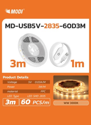 3M LED Strip Light Warm White 3000K USB Powered with Switch, 60 LEDs/M Flexible Tape Light with 1M Cable, Low Voltage Safe Lighting for TV, PC, Bedroom, Gaming & Room Decor - view 4
