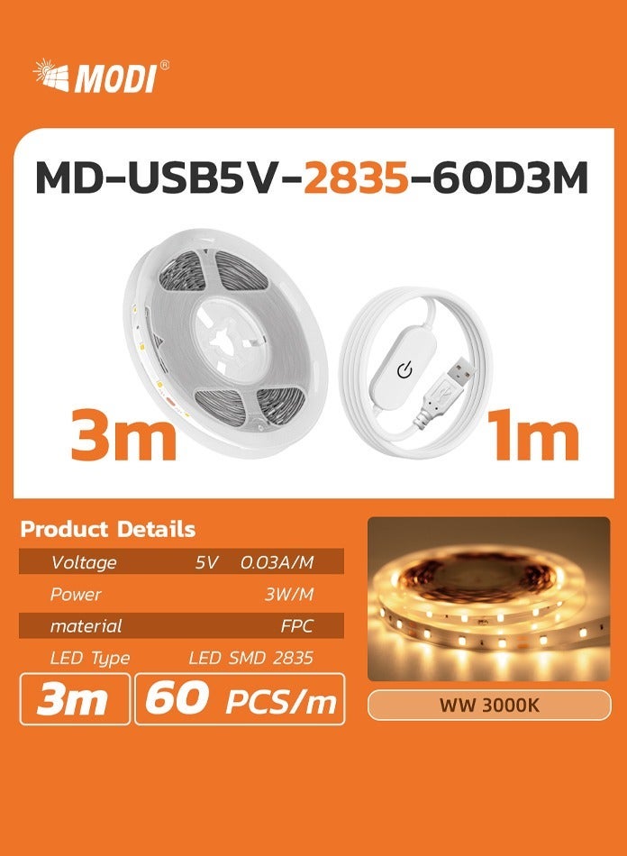 مودي شريط إضاءة LED بطول 3 أمتار، أبيض دافئ 3000 كلفن، يعمل بمنفذ USB مع مفتاح تشغيل، 60 مصباح LED/متر، شريط إضاءة مرن مع كابل بطول 1 متر، إضاءة آمنة بجهد منخفض للتلفزيون، الكمبيوتر، غرفة النوم، الألعاب، وديكور الغرفة - Image 4