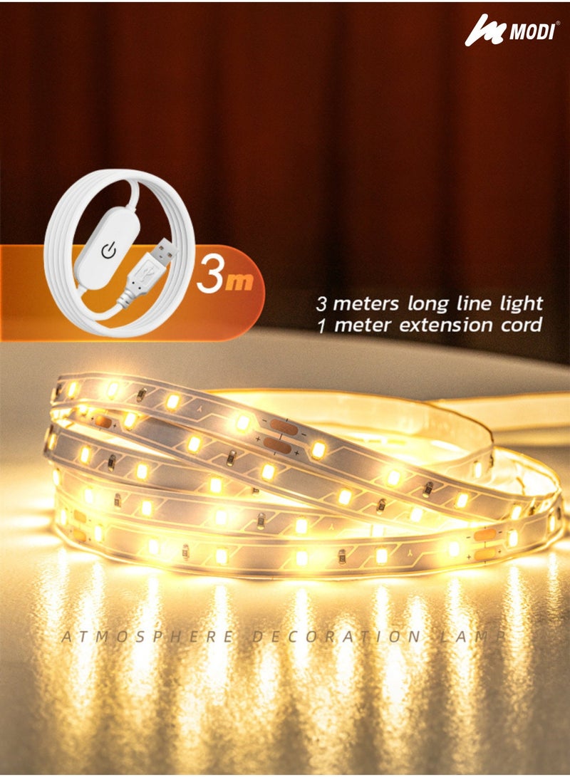 مودي شريط إضاءة LED بطول 3 أمتار، أبيض دافئ 3000 كلفن، يعمل بمنفذ USB مع مفتاح تشغيل، 60 مصباح LED/متر، شريط إضاءة مرن مع كابل بطول 1 متر، إضاءة آمنة بجهد منخفض للتلفزيون، الكمبيوتر، غرفة النوم، الألعاب، وديكور الغرفة - Image 2