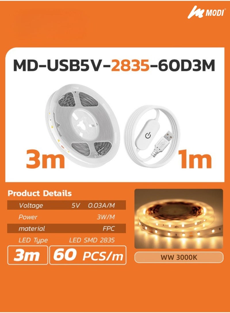 مودي شريط إضاءة LED بطول 3 أمتار، أبيض دافئ 3000 كلفن، يعمل بمنفذ USB مع مفتاح تشغيل، 60 مصباح LED/متر، شريط إضاءة مرن مع كابل بطول 1 متر، إضاءة آمنة بجهد منخفض للتلفزيون، الكمبيوتر، غرفة النوم، الألعاب، وديكور الغرفة - Image 5