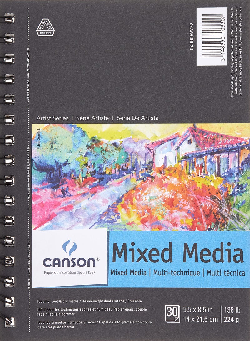 Canson Artist Series Mixed Media Paper, Wirebound Pad, 5.5x8.5 inches, 30 Sheets (138lb/224g) - Artist Paper for Adults and Students - Watercolor, Gouache, Graphite, Ink, Pencil, Marker - Image 1