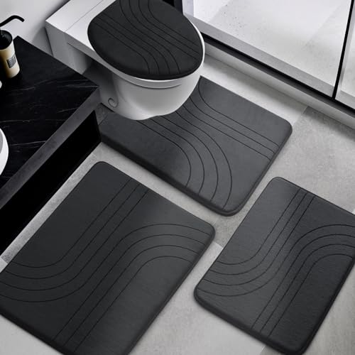 YIHOUSE Memory Foam Bathroom Rugs Set 4 Pieces Soft Non Slip Bathroom Mats Set Extra Thick Bath Mats for Bath Room Machine Washable Bath Rugs for Tub Toilet and Floor Black - Image 1