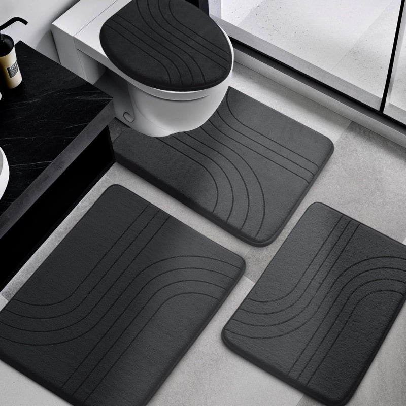 YIHOUSE Memory Foam Bathroom Rugs Set 4 Pieces Soft Non Slip Bathroom Mats Set Extra Thick Bath Mats for Bath Room Machine Washable Bath Rugs for Tub Toilet and Floor Black - Image 2