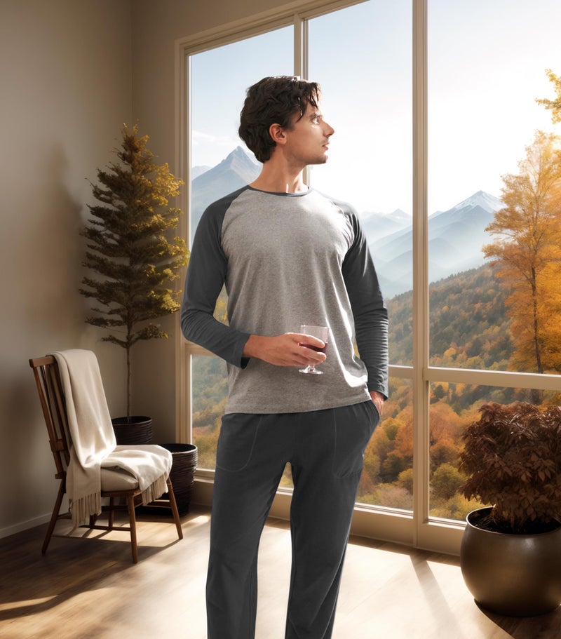 DAVID ARCHY Mens Pajamas Set - Soft Pj Sets for Men Long Sleeve Pajamas Men Cotton Mens Pjs Sets Loungewear with Pockets (L, Dark Gray) - Image 3