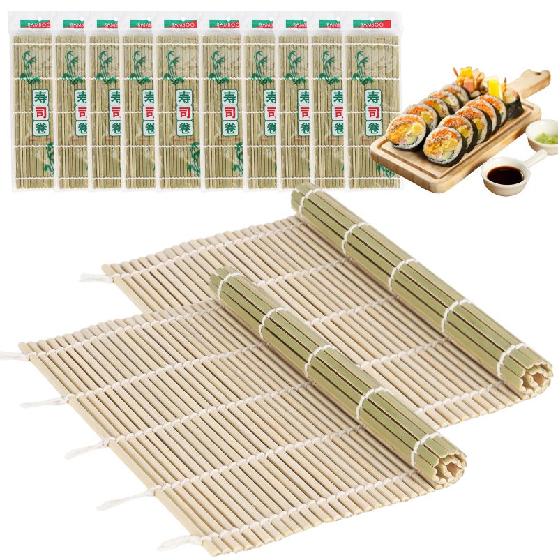 LEQC 10PCS Bamboo Sushi Mat 95x95 Durable Bamboo Sushi Rolling Mat TightlyBound Design for Home Cooking Professional Sushi Making Green