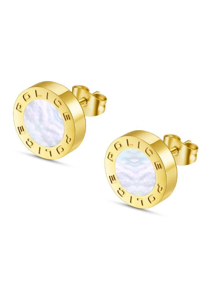 POLICE A dynamic interplay of shiny IP gold and mother of pearl in a simple circular stud design, the Reversible Police earrings are ultra modern and timeless