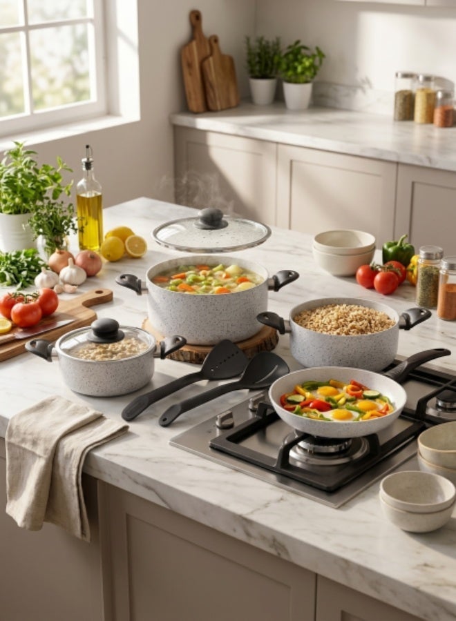 Bister Premium 9-Piece Granite Non-Stick Stainless Steel Cookware Set with 3-Layer Thermal Bottom Casserole Pots, Frying Pan and Glass Lids for Induction, Gas & Electric Stoves - Image 2