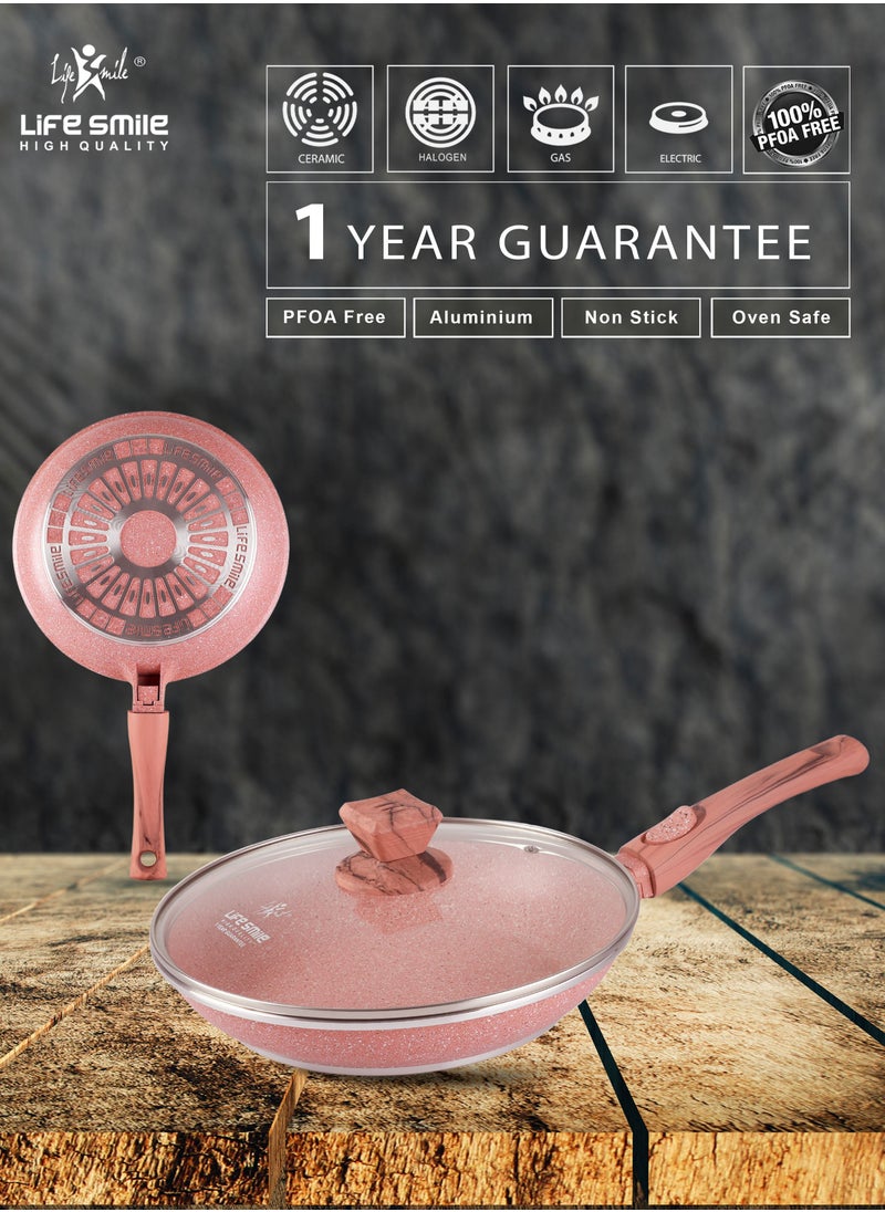 Life Smile - Detachable Handle Frying Pan With Lid - 5 Layer Granite Coating Fry Pan | Heat-Resistant Handle Hanging Loop | Microwave Safe (24 CM, Pink) - Image 1