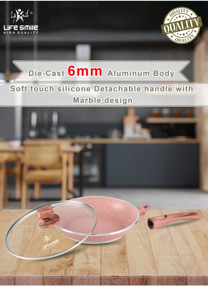 Life Smile - Detachable Handle Frying Pan With Lid - 5 Layer Granite Coating Fry Pan | Heat-Resistant Handle Hanging Loop | Microwave Safe (24 CM, Pink) - Image 1