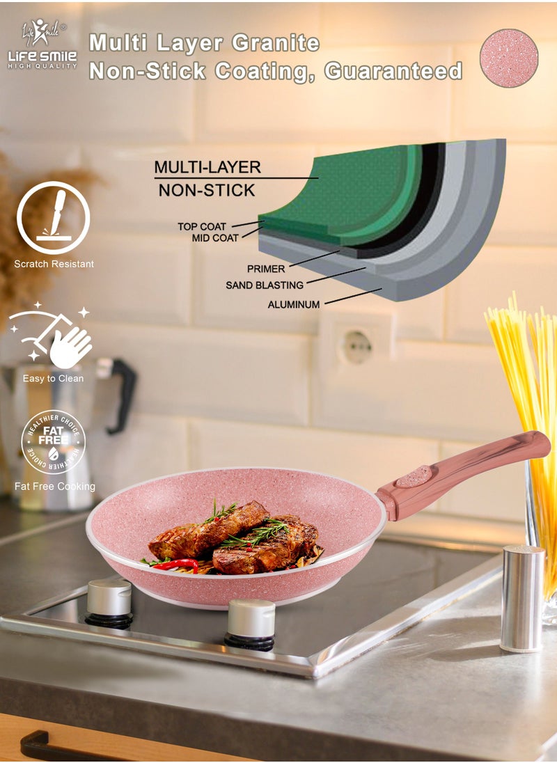 Life Smile - Detachable Handle Frying Pan With Lid - 5 Layer Granite Coating Fry Pan | Heat-Resistant Handle Hanging Loop | Microwave Safe (24 CM, Pink) - Image 1