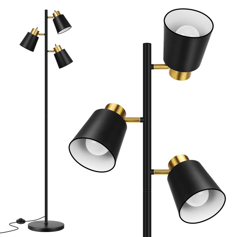 QiMH Tree Floor Lamps for Living Room, 67" Modern Standing Floor Lamp with 3 LED Bulb, Industrial Tall Lamp Reading Lighting for Bedroom Study Office Decor, 3 Rotatable Light Heads, Black Gold - Image 1