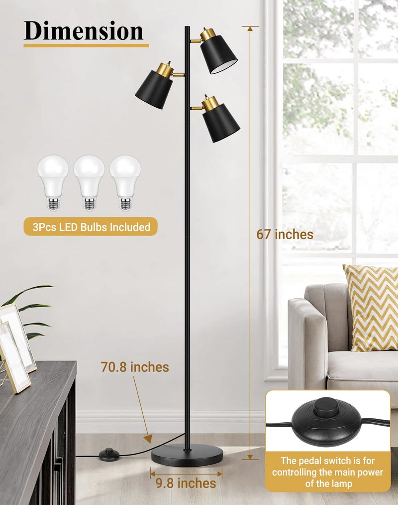 QiMH Tree Floor Lamps for Living Room, 67" Modern Standing Floor Lamp with 3 LED Bulb, Industrial Tall Lamp Reading Lighting for Bedroom Study Office Decor, 3 Rotatable Light Heads, Black Gold - Image 4