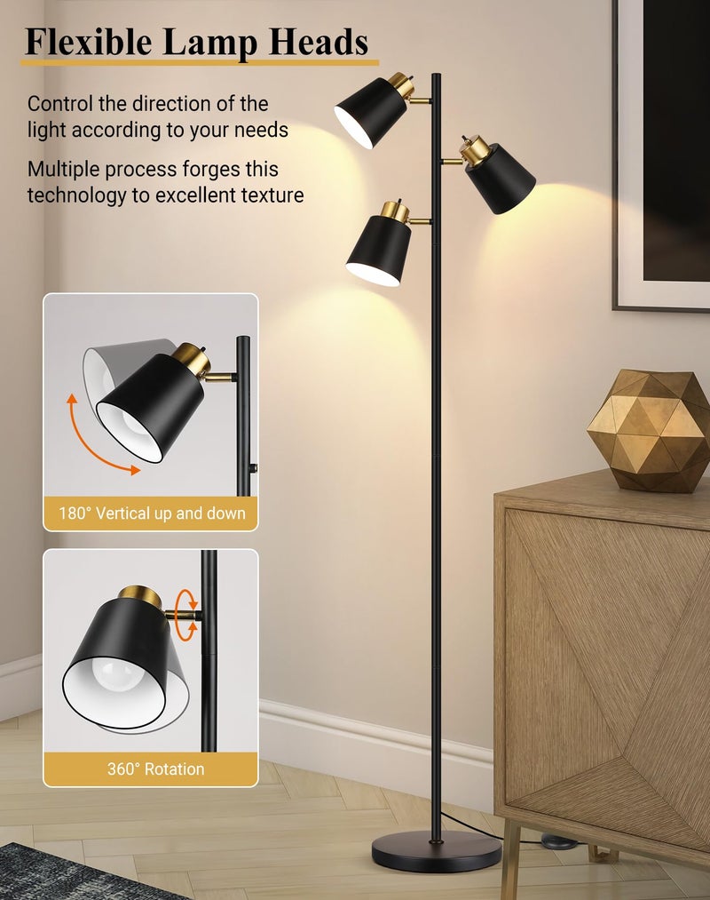 QiMH Tree Floor Lamps for Living Room, 67" Modern Standing Floor Lamp with 3 LED Bulb, Industrial Tall Lamp Reading Lighting for Bedroom Study Office Decor, 3 Rotatable Light Heads, Black Gold - Image 2