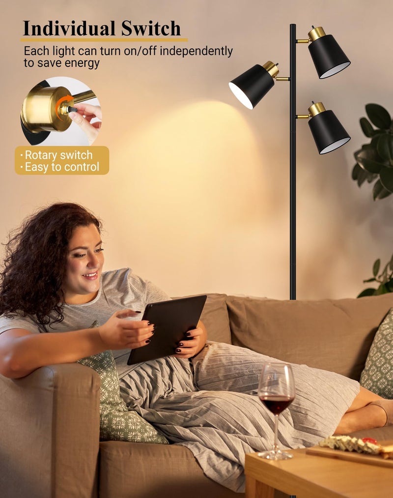 QiMH Tree Floor Lamps for Living Room, 67" Modern Standing Floor Lamp with 3 LED Bulb, Industrial Tall Lamp Reading Lighting for Bedroom Study Office Decor, 3 Rotatable Light Heads, Black Gold - Image 3