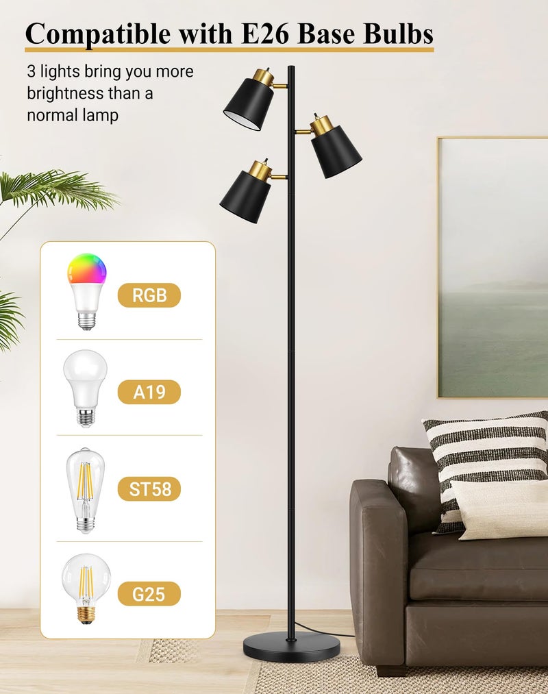 QiMH Tree Floor Lamps for Living Room, 67" Modern Standing Floor Lamp with 3 LED Bulb, Industrial Tall Lamp Reading Lighting for Bedroom Study Office Decor, 3 Rotatable Light Heads, Black Gold - Image 5
