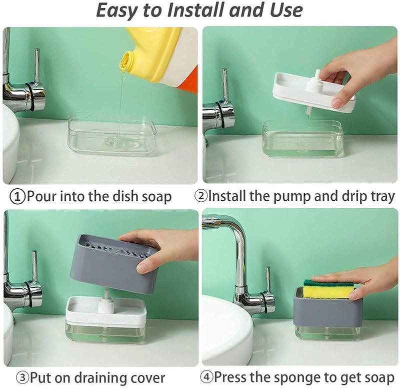 Styxon موزع صابون المطبخ ستاكسون مع حامل الإسفنجة، 2022 الأحدث 2 في 1 موزع صابون على المنضدة، لموزع صابون غسل الصحون في حوض المطبخ - Image 5