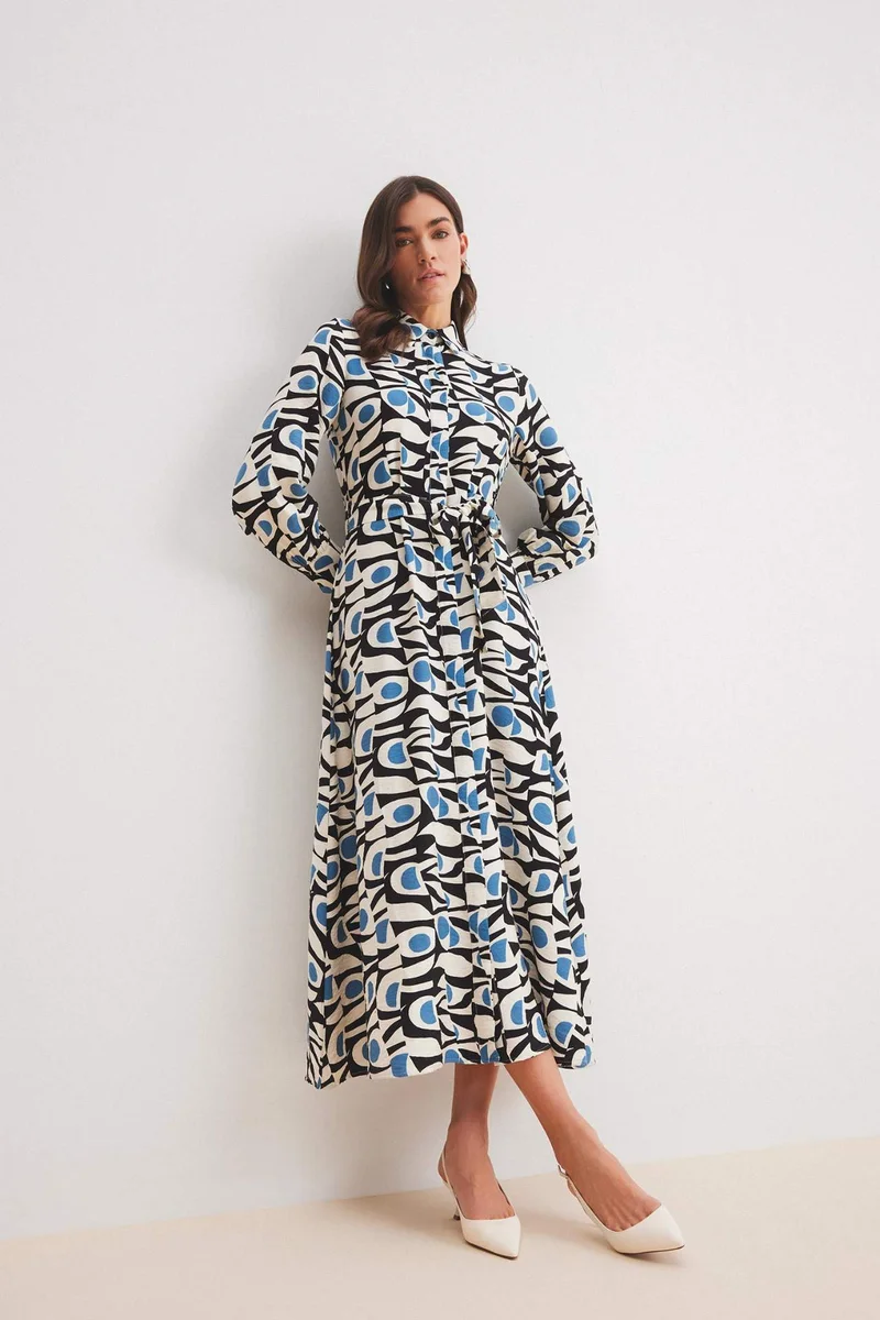 ديفاكتو Shirt Collar Patterned Belted Long Sleeve Maxi Dress