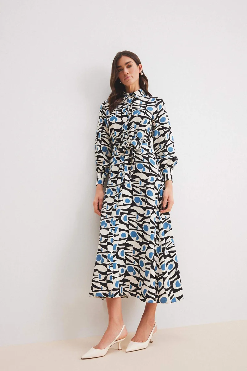 ديفاكتو Shirt Collar Patterned Belted Long Sleeve Maxi Dress