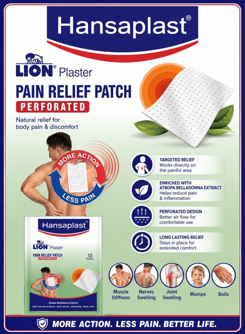 Hansaplast Perforated Pain Relief Patch 10 Sheets | For Back, Joint & Muscle Pain | Sustained Heat | Odor-Free & Non-Messy | Natural Atropa Belladonna Extract - Image 1