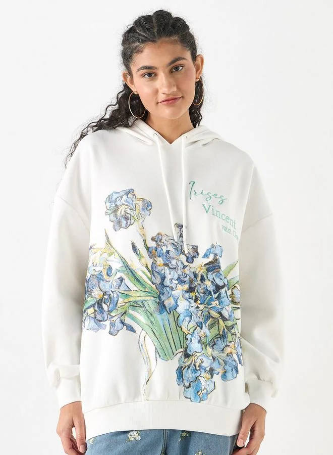 Floral Print Oversized Hooded Sweatshirt with Long Sleeves