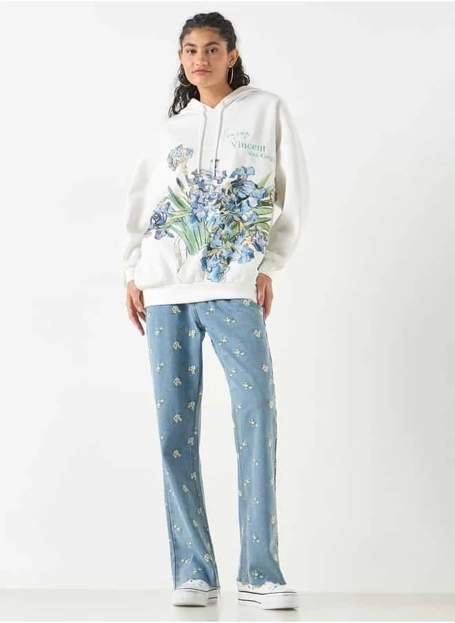 SP Characters Floral Print Oversized Hooded Sweatshirt with Long Sleeves