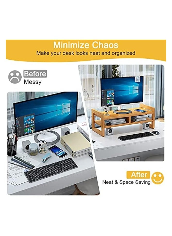 Monitor Stand Riser 2 Tier Computer Monitor Stand Bamboo Desktop Stand with Storage Organizer PC Laptop TV Printer Monitor Stand Adjustable Height for Office and Home Use 51x17x15cm