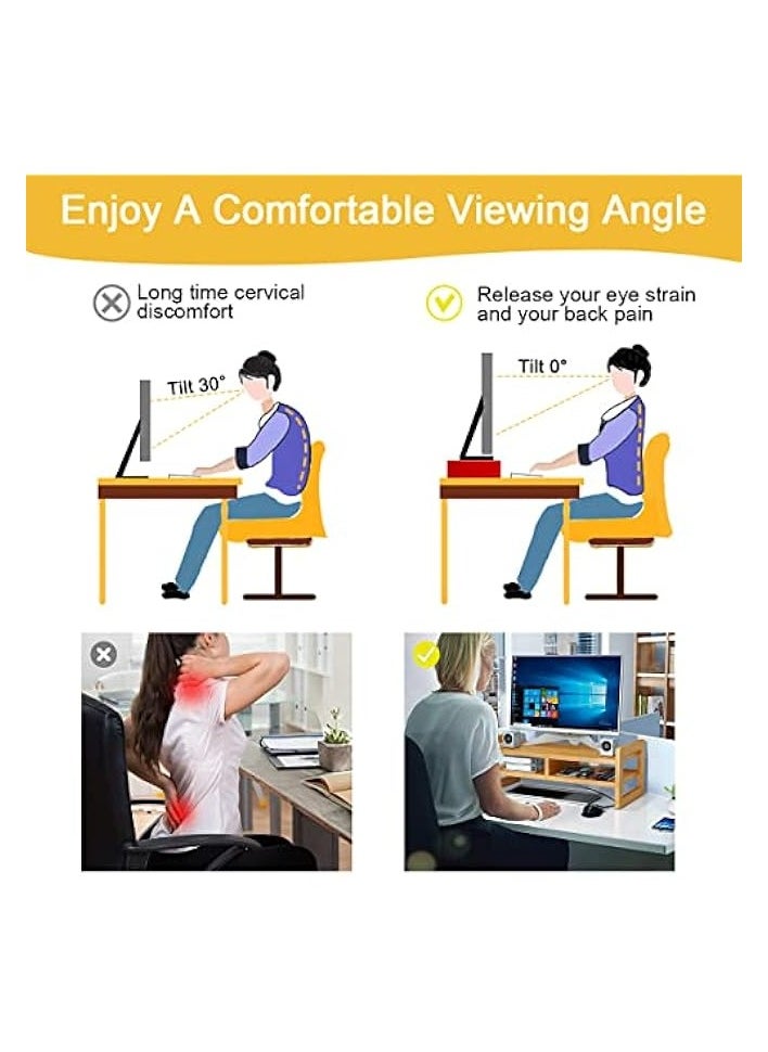 Monitor Stand Riser 2 Tier Computer Monitor Stand Bamboo Desktop Stand with Storage Organizer PC Laptop TV Printer Monitor Stand Adjustable Height for Office and Home Use 51x17x15cm