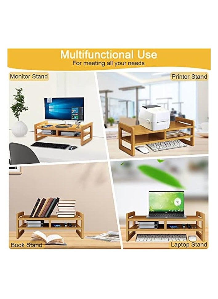 Monitor Stand Riser 2 Tier Computer Monitor Stand Bamboo Desktop Stand with Storage Organizer PC Laptop TV Printer Monitor Stand Adjustable Height for Office and Home Use 51x17x15cm